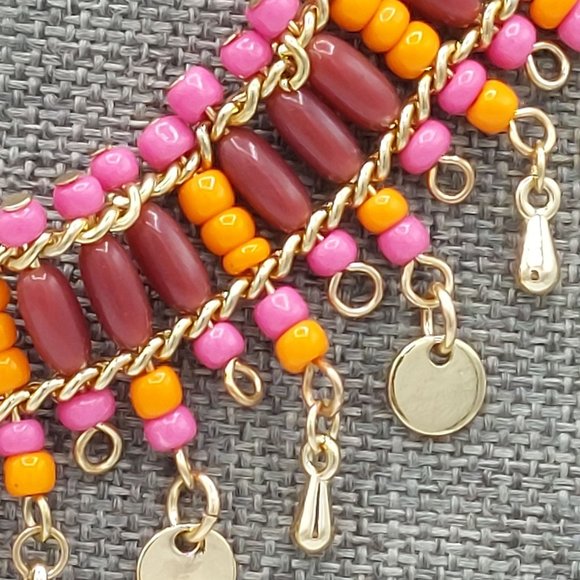 New Jewelry Box Necklace Bib Collar Beaded Orange Pink Metal Fringe Coin Charm - Picture 4 of 9